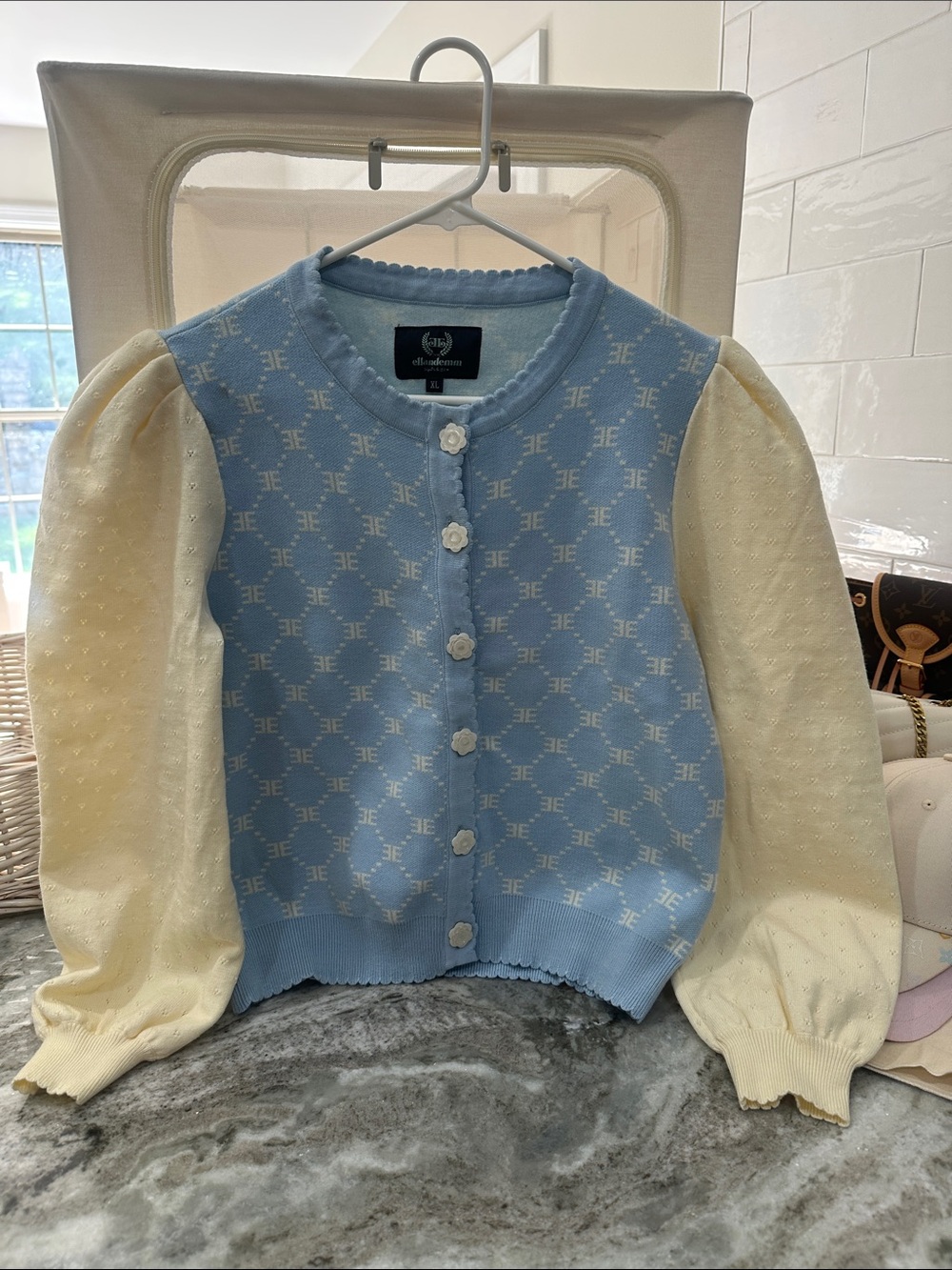 Ellandemm Puff-Sleeve Knit Cardigan in Sky Blue and Cream